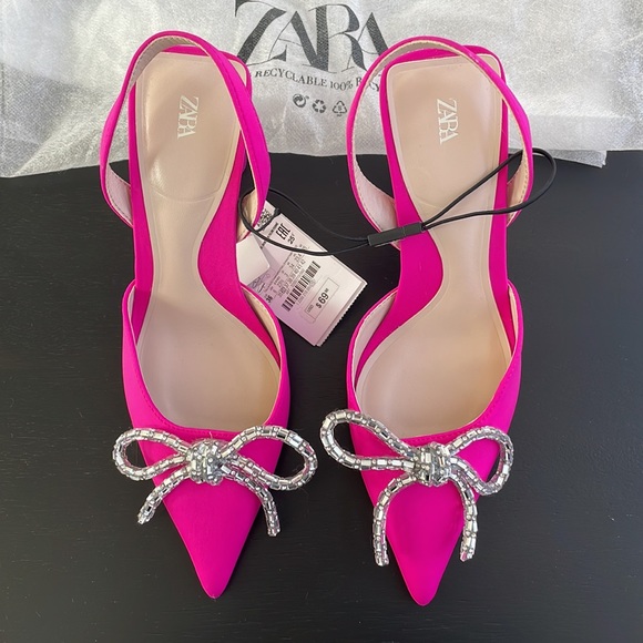 Women’s Zara Pink Slingback Heel Satin Effect Rhinestone Bow Shoes US 6 - Picture 3 of 11